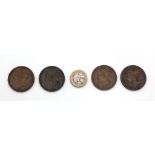 Four Queen Victoria Copper One Penny Coins: An 1853, 2x 1854 and an 1858. Please see photos for