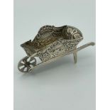 Antique SILVER WHEELBARROW SALT, having clear hallmark for Levi and Salaman Birmingham 1909.