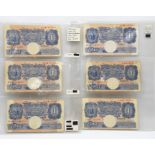 Six Peppiatt Blue One Pound Notes - 1940-48. Please see photos for conditions. In plastic wallets.