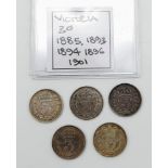 Five Silver Queen Victoria Three Pence Coins. 1885-1901. Please see photos for conditions.