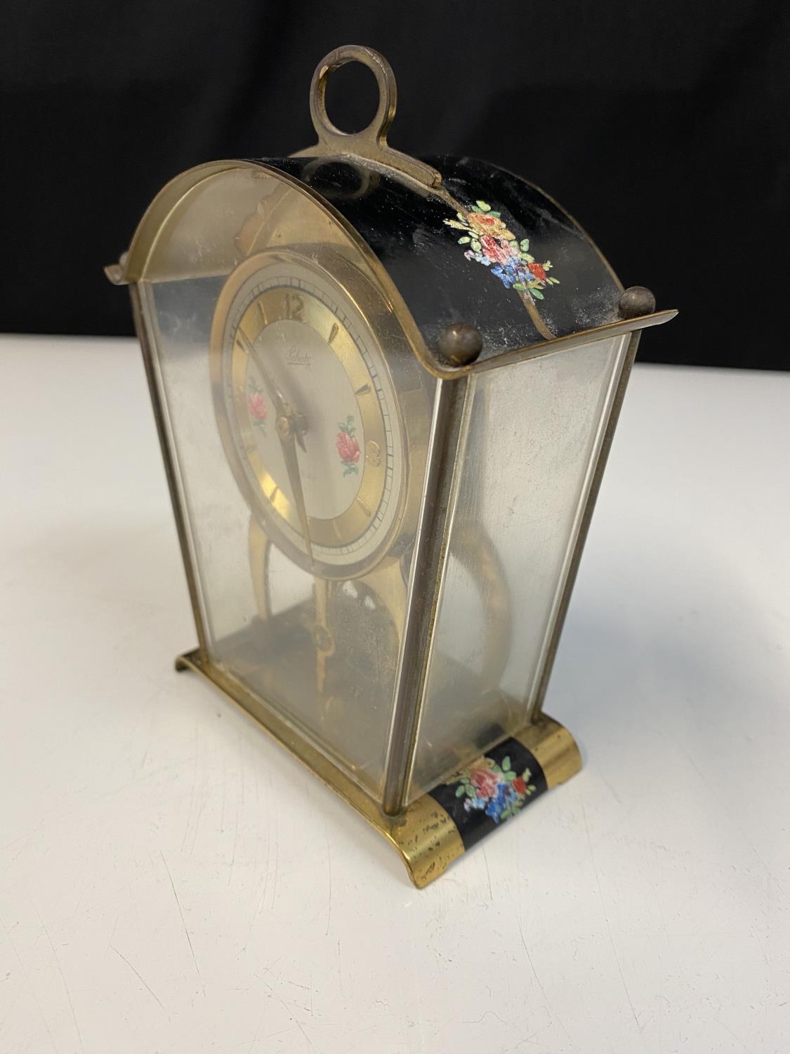 Schatz Sohne #59 German 8-Day Brass Skeleton Carriage Clock. With floral numeral dial, open - Bild 7 aus 10