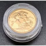 A 1981 22K Gold Full Proof Sovereign Coin. 8g. In a presentation case.