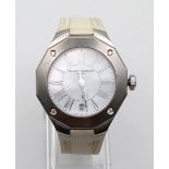 LADIES BAUME MERCIER GENEVE WATCH, WHITE FACE WITH STAINLESS STEEL OUTER, RUBBER STRAP 40MM 9056