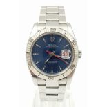 A WITH PAPERS ROLEX OYSTER PERPETUAL DATEJUST WITH BLUE DIAL IN ORIGINAL BOX . 38mm (9063)