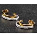 A Pair of 9K Yellow and White Gold Diamond Crescent Earrings. 16mm. 2.1g total weight.