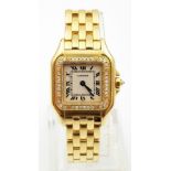 A CARTIER PANTHERE LADIES WATCH IN 18K GOLD WITH DIAMOND BEZEL AND SOLID GOLD STRAP COMES WITH