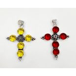 A Red and Yellow Stone Cross Pendant set in 925 Silver Plate. 5 x 4cm.