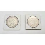 Two Queen Victoria Silver Crowns Coins. 1889 and 1898. 56g total silver weight. Encapsulated -