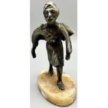 An Antique Islamic Indian Hunter Figure - white metal on a marble base. 18.5 x 13.5cm.