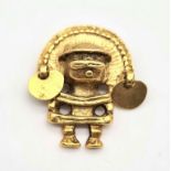 Early American Colombian gold plated goddess pendant. 3.3cm x 2.7cm. Weight: 16 grams.
