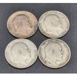 Four Edward VII Silver Shillings - 1903,6,7 and 10. Please see photos for conditions.