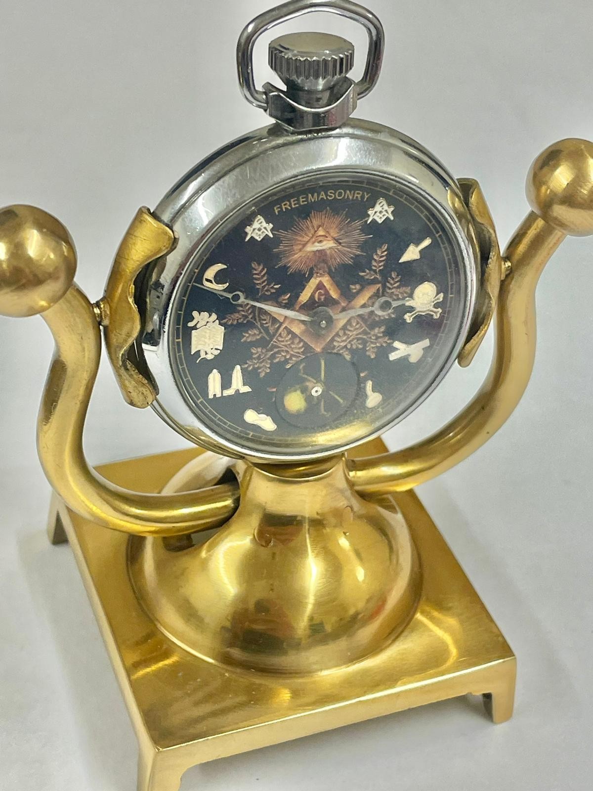 Vintage automaton rotating skull Masonic pocket watch & stand Working - Image 7 of 8