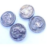 Antique solid silver set of 4 buttons depicting a girl with a harp. Hallmarks for Birmingham 1904