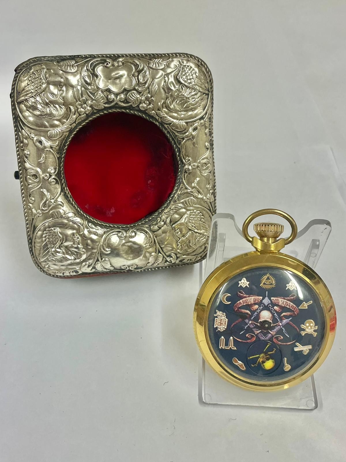 Vintage Automaton rotating skull masonic pocket watch & silver case ( working )