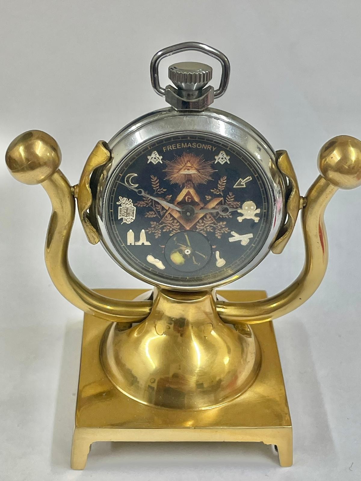 Vintage automaton rotating skull Masonic pocket watch & stand Working