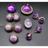 Collection of amethyst pendants and gold and silver buttons. 12 pieces total. See photos for finer