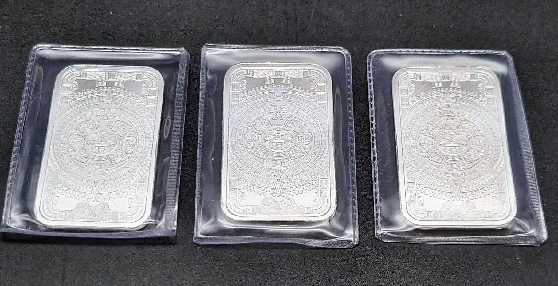 Three Pure Silver (.999) Aztec Calendar 1oz Ingots. 5 x 3cm. 3oz silver total weight. - Image 2 of 4