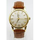 A VINTAGE 9K GOLD OMEGA SEAMASTER AUTOMATIC WATCH WITH LEATHER STRAP , RECENTLY SERVICED. 34MM
