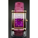A THEO FENNELL LADIES 18K GOLD FASHION WATCH WITH STRIKING PINK FACE AND ORIGINAL LEATHER AND GOLD