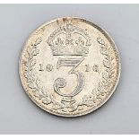 A 1916 Silver Threepence Coin. Extremely fine. Obverse - Features the bare head of George V facing