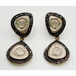 A Pair of 14g Antique Style Polki Diamond Dangler Earrings in 925 silver, yellow finish.