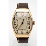 A VINTAGE 18K ROSE GOLD LONGINE GENTS WRIST WATCH MANUAL MOVEMENT WITH CLASSIC NUMERALS AND SHAPE.