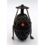 Antique Chinese solid silver snuff bottle decorated with coral and turquoise. 8cm, 38 grams.