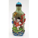 Early Chinese rare handmade signed snuff bottle - decorated with flowers, birds, frogs and fish.