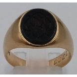 An 18K Yellow Gold Carnelian Seal/Signet Ring. Size L. 8.75g total weight.