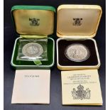 Two Royal Mint Silver Commemorative Proof Crown Coins - Comes in original case with certificate. 56g