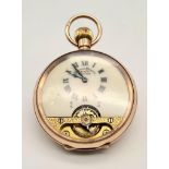 A Rare Antique 9K Gold Visible Balance Hebdomas 8-Day Pocket Watch. Top winder. Enamel dial. 50mm