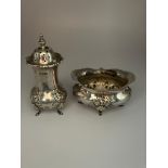 Antique solid SILVER condiment set consisting SILVER PEPPER POT with matching SILVER SALT both