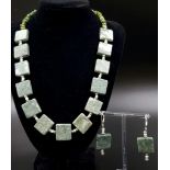 A Hand-Made 925 Silver Green Jasper and Freshwater Pearl Necklace and Earring Set. Jasper