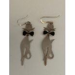 Pair of SILVER CAT EARRINGS, with cats wearing black onyx bow ties.
