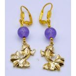 A Pair of 18K Gold Plated Lavender Jade Leverback Drop Earrings. 4cm drop.