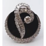 An 18K White Gold Diamond and Black Enamel Brooch or Pendant. 7ct of baguette and round cut