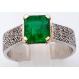 A 14k Yellow and White Gold Emerald and Diamond Ring - Natural emerald centre-cut Stone with 33
