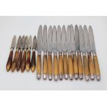 Early French Part Silver 12 Table Knives with horn handle and 6 more cheese knives. Probably rhino