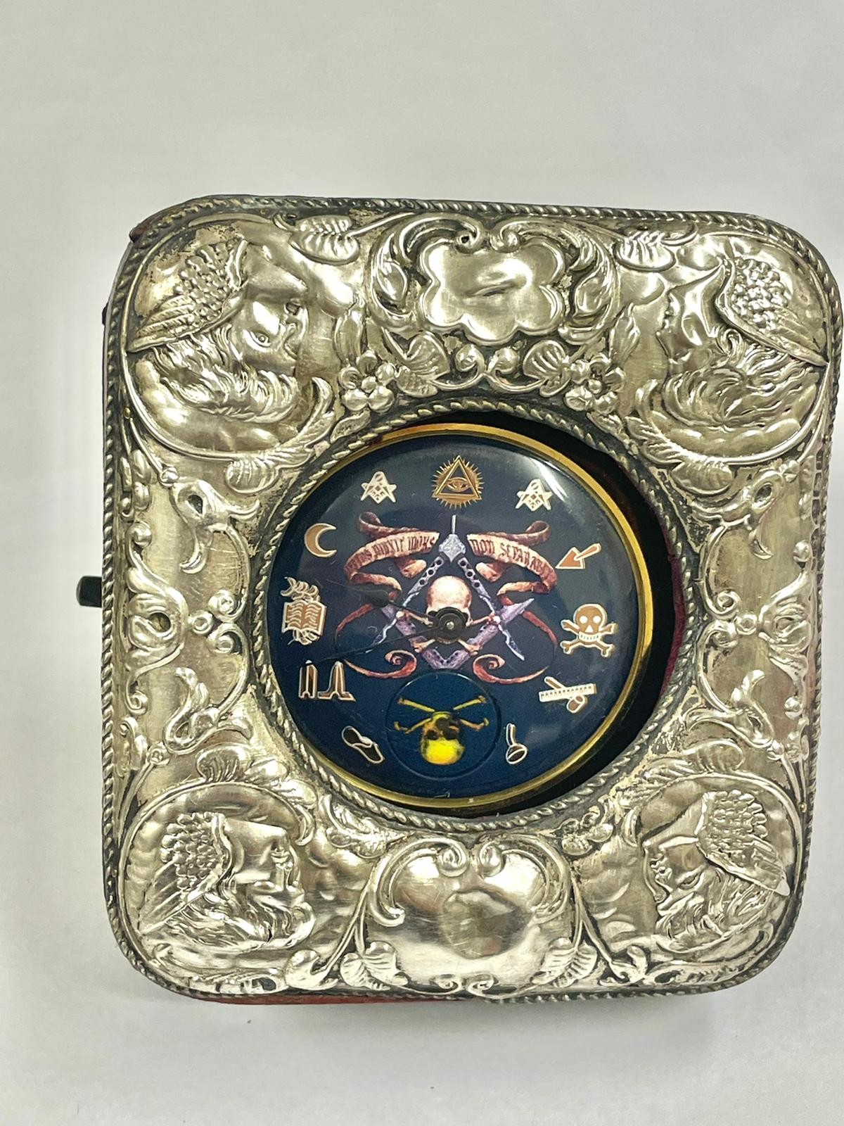 Vintage Automaton rotating skull masonic pocket watch & silver case ( working ) - Image 5 of 6