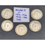 Five George V Silver Shilling Coins - 1912, 14, 15, 16 and 18. Please see photos for conditions.