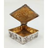 An Antique 19th Century Solid Silver Gilt Trinket Box or Snuff Box. Carved in a 3d style with