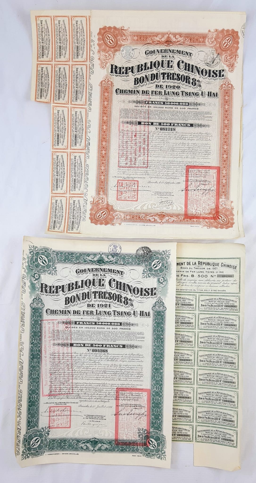 Two Antique 1920 and 1921 Republic of China Railroad Bond Certificates. Both with coupons. In good