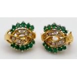 14K YELLOW GOLD DIAMOND & EMERALD STUD EARRINGS WITH CLIP ON FITTINGS 8.9G