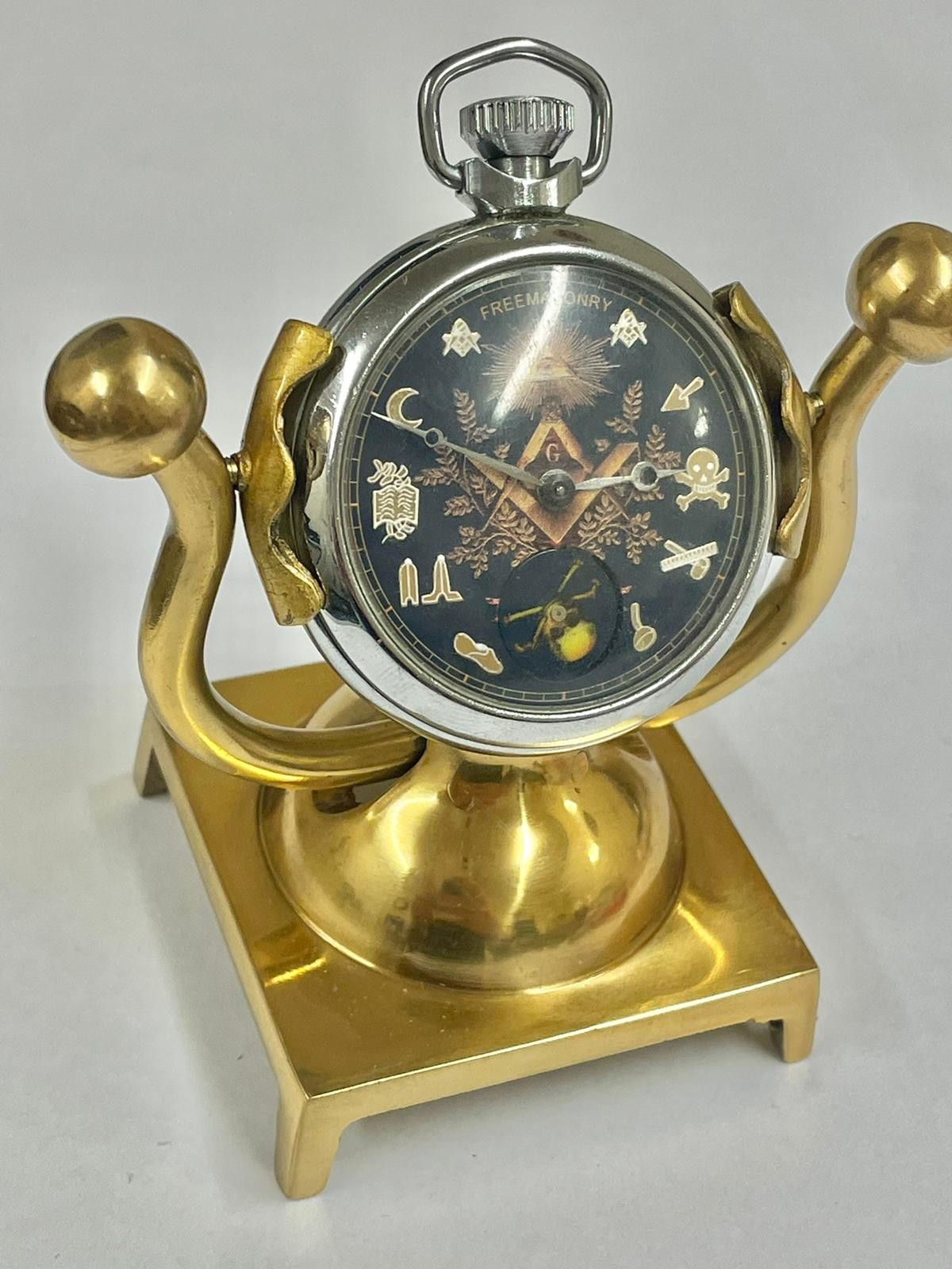 Vintage automaton rotating skull Masonic pocket watch & stand Working - Image 6 of 8