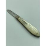 Antique SILVER FRUIT KNIFE having beautifully carved mother of pearl handle and clear hallmark for