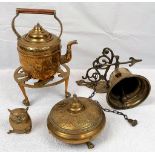 Five Vintage or Antique Brass Fireside Items: Kettle with stand, Owl, Lidded bowl and Bell with
