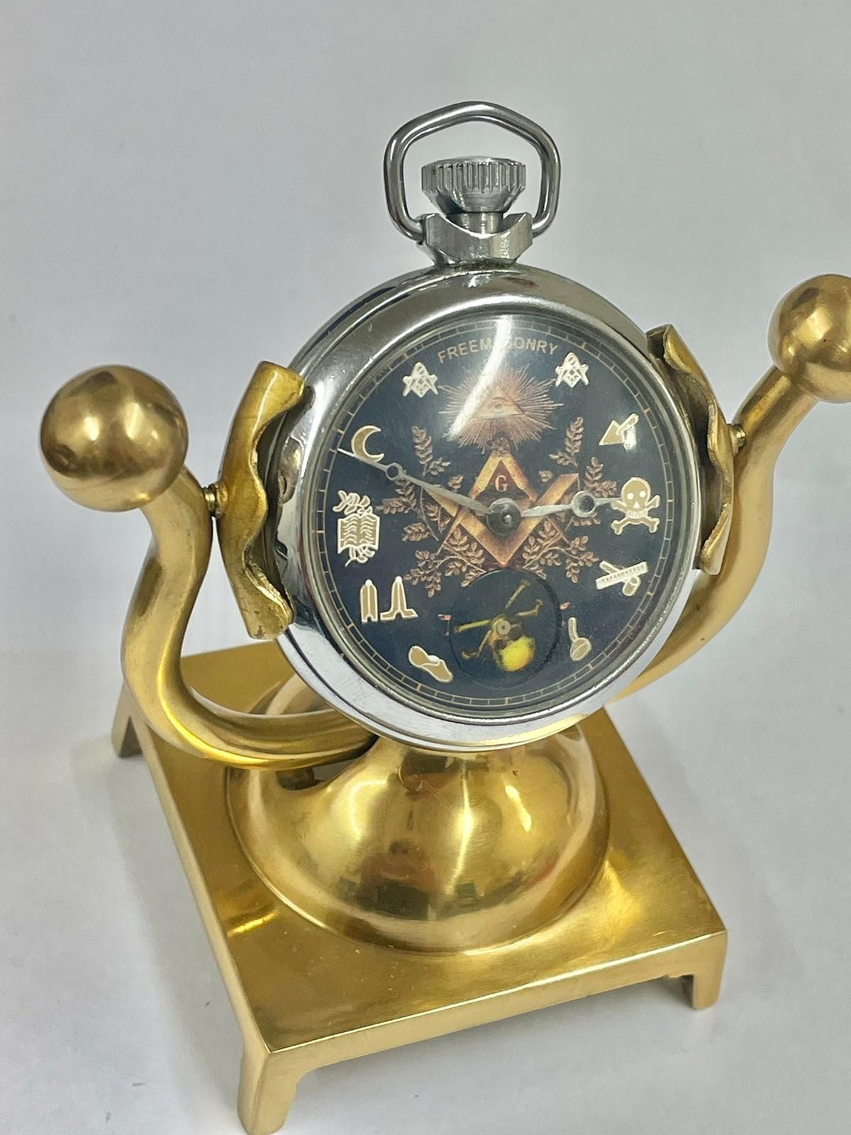 Vintage automaton rotating skull Masonic pocket watch & stand Working - Image 2 of 8