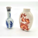 Early Chinese porcelain hand painted snuff bottle. 6cm x 4cm, together with one solid silver top