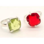 A Large Square-Cut Red and Pale Green Stone Ring On White Metal. Size Q and U.