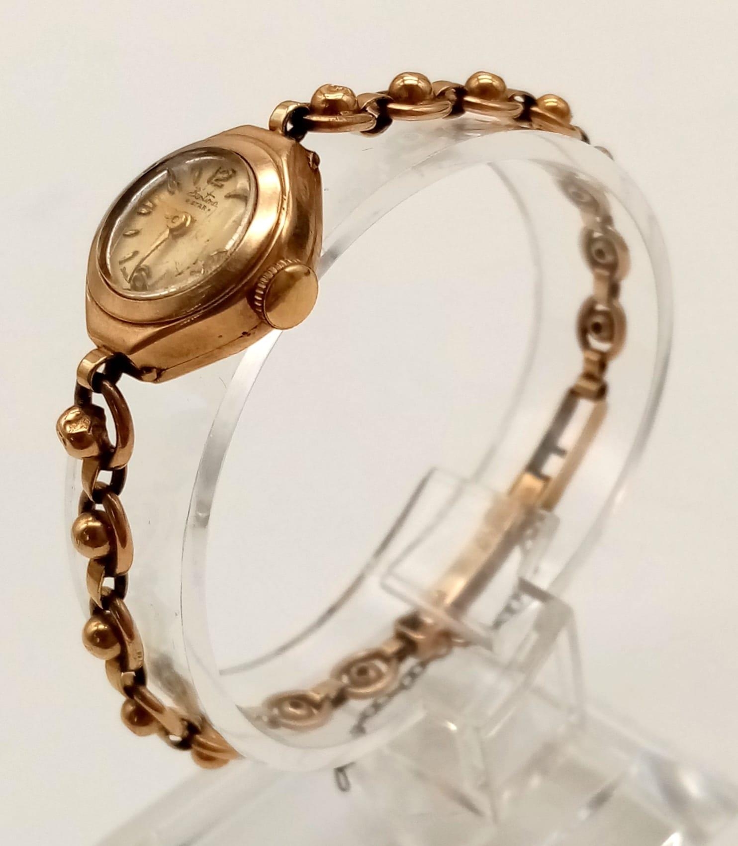 A Vintage 9K Gold Bentima Ladies Watch. 9k gold bracelet and case - 15mm. Mechanical movement - A/F. - Image 2 of 6